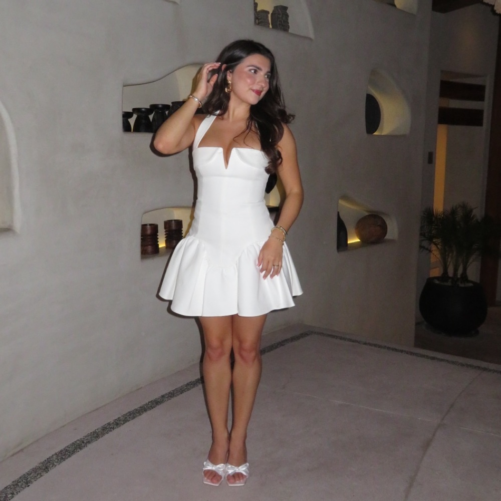 Meshki White Halter Flared Mini Dress